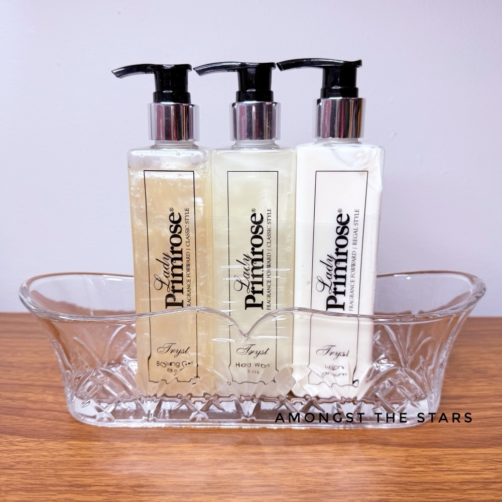 Lady Primrose Tryst Bathing Gel, Hand Wash & Lotion in Glass Caddy 8 fl oz Each